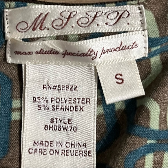 MSSP Max Studio Babydoll Smock Top XS Brown Green Geometric‎ Empire Waist Y2K - Picture 2 of 8